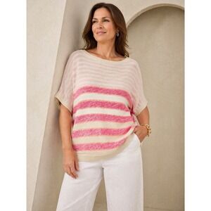 Chaps Striped Sweater Women XL Pink Tan Cotton Knit Dolman Short Sleeve Pullover